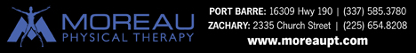 Banner: Moreau Physical Therapy. Port Barre, Zachary.